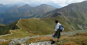 A person overlooks massive mountains